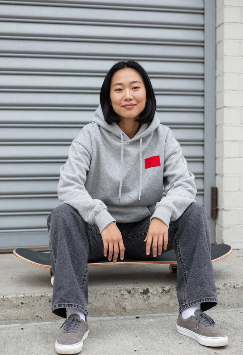 AI supreme lafayette street box logo red accent sample — portrait of a woman, a Korean-American woman from Queens in