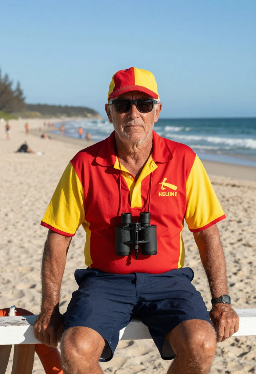 AI surf lifesaver sample — portrait of a surf lifesaver, chest-up portrait of an Austra