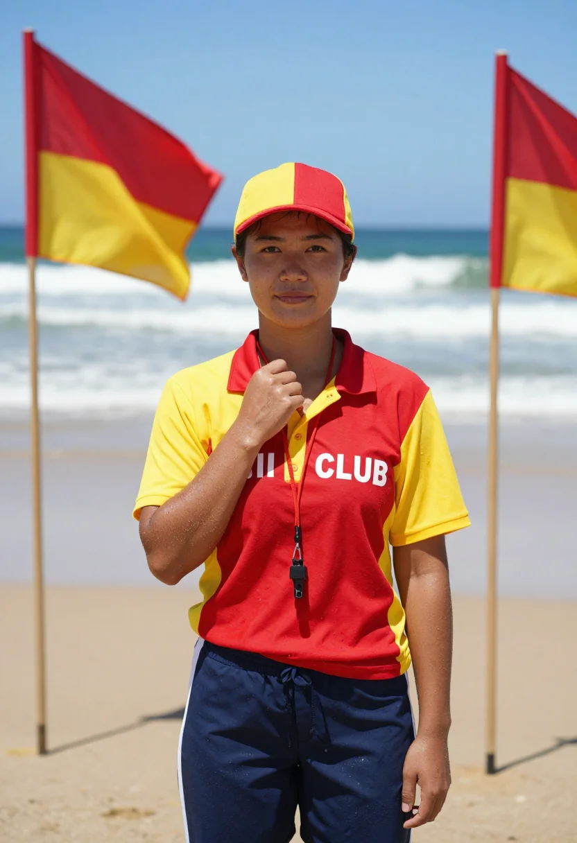AI surf lifesaver sample — portrait of a surf lifesaver, chest-up portrait of an East-A