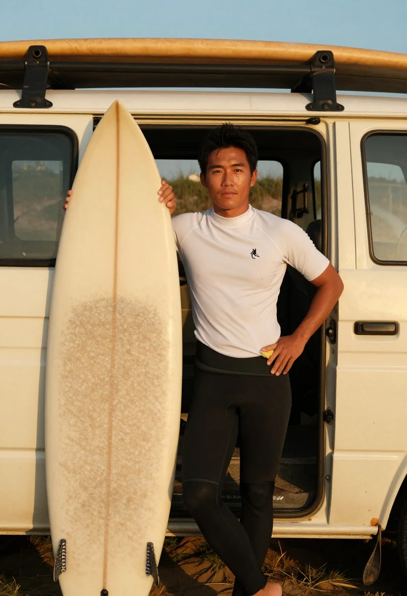 AI surf sample — portrait of a surfer, half-length portrait of an East-Asian
