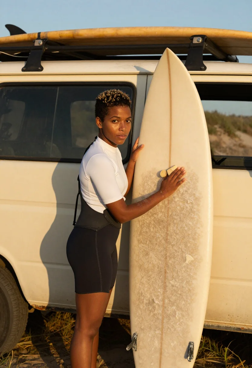 AI surf sample — portrait of a surfer, three-quarter-length portrait of an Af