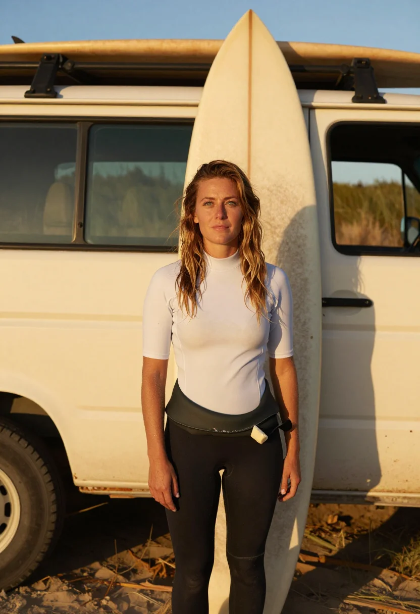AI surf sample — portrait of a surfer, close portrait of a Western-European w