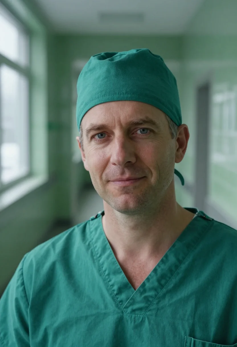 AI surgeon scrub green sample — portrait of a man, tight headshot of a Western-European man