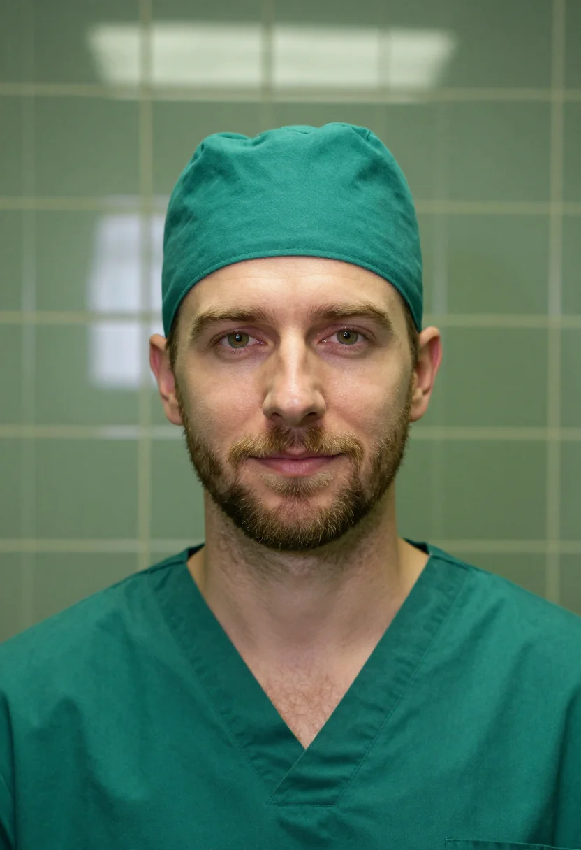 AI surgeon scrub green sample — portrait of a man, tight headshot of a Western-European man
