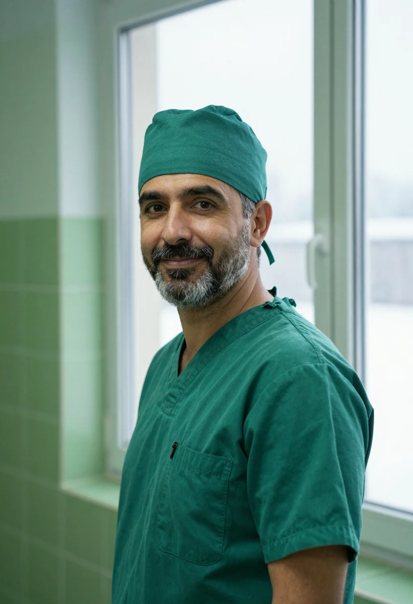 AI surgeon scrub green sample — portrait of a man, chest-up portrait of a Mediterranean man