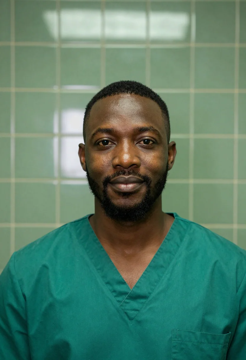 AI surgeon scrub green sample — portrait of a man, head-and-shoulders portrait of a Black ma