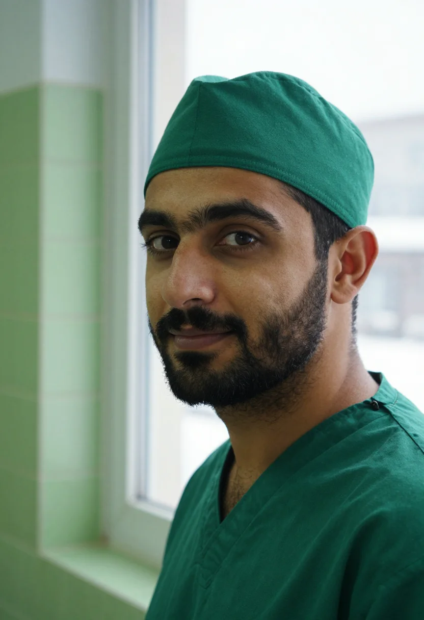 AI surgeon scrub green sample — portrait of a man, tight headshot of a Lebanese man in his l