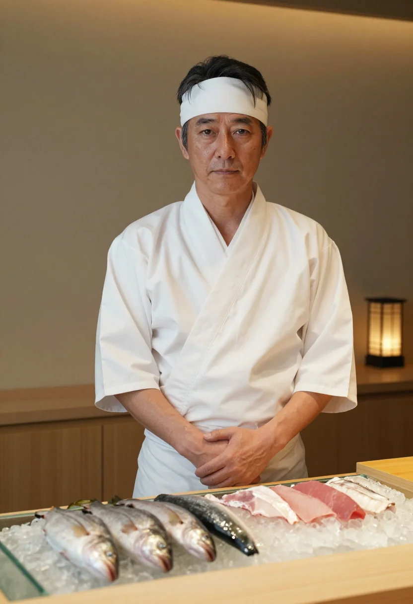 AI sushi itamae sample — portrait of a man, half-length portrait of a Japanese man in