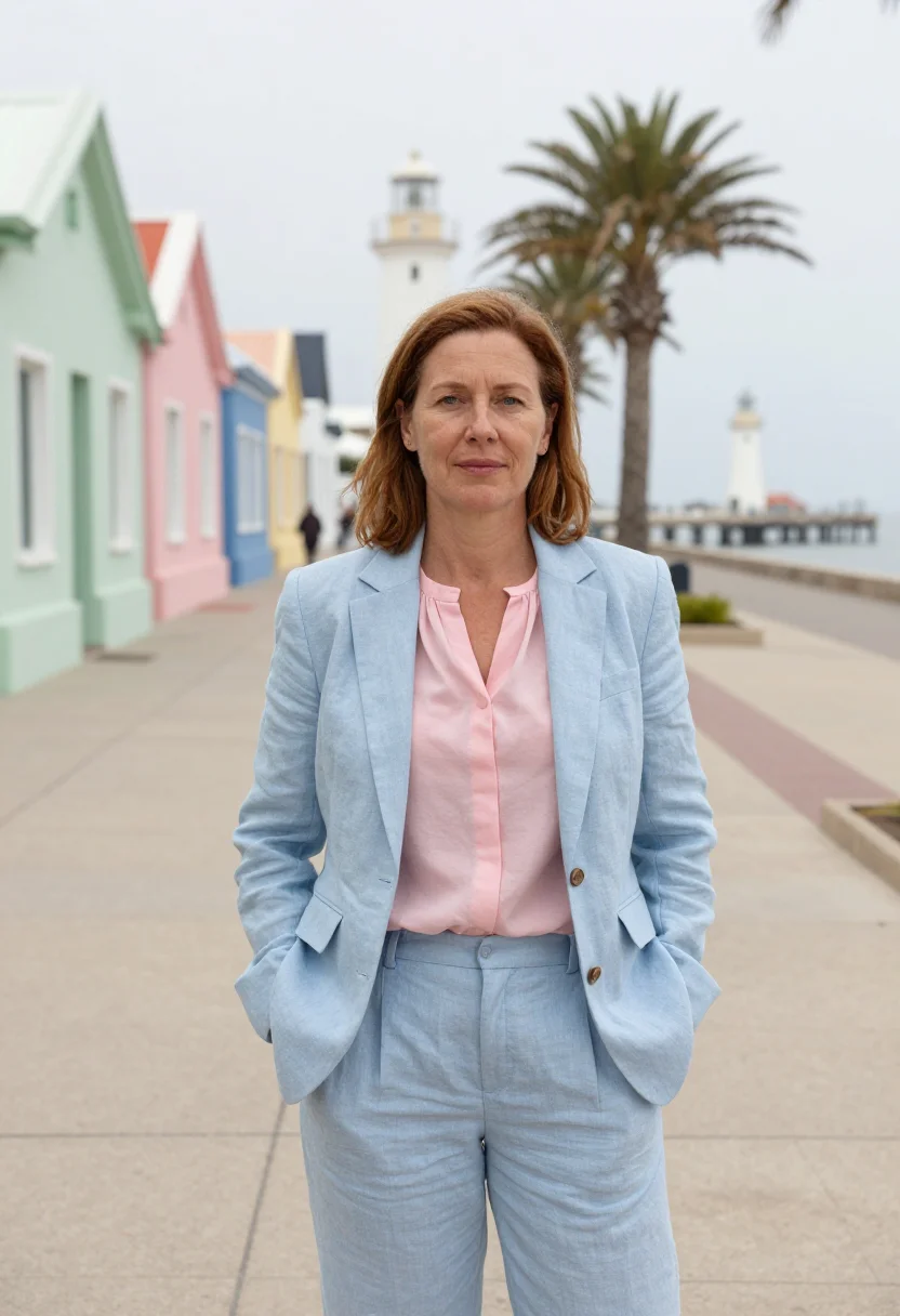 AI swakopmund architect german seaside pastel sample — portrait of a woman, an Afrikaner architect in her late fort