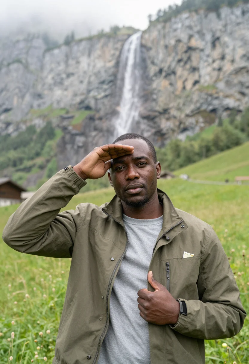 AI switzerland sample — portrait of a traveler, half-length portrait of an Afro-Euro