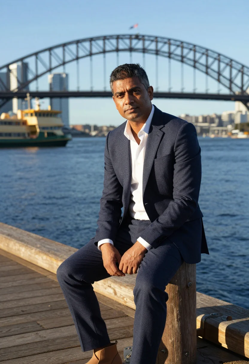 AI sydney barangaroo sample — portrait of a man, seated three-quarter portrait of a South-