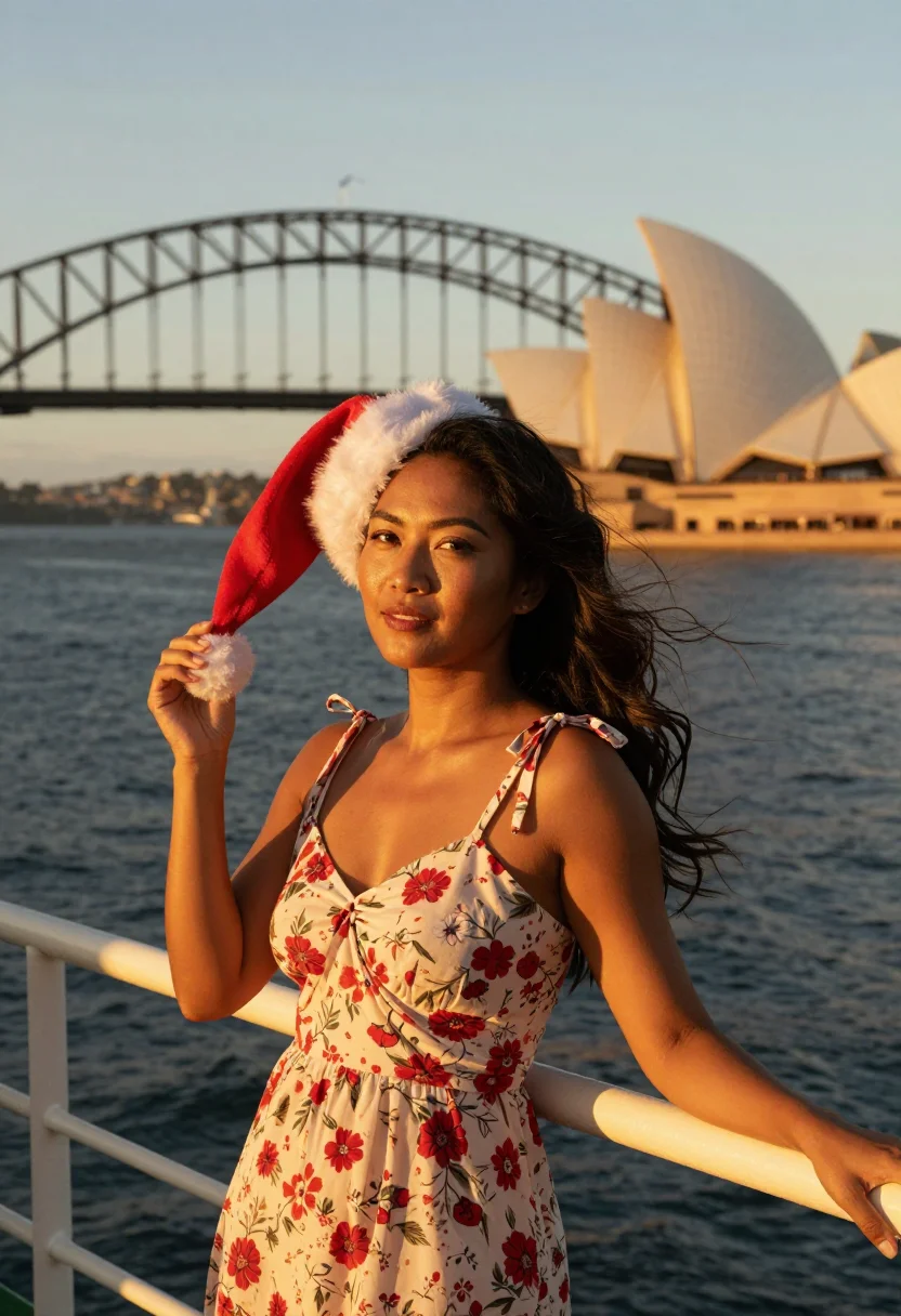 AI sydney beach christmas sample — portrait of a woman, head-and-shoulders portrait of a woman