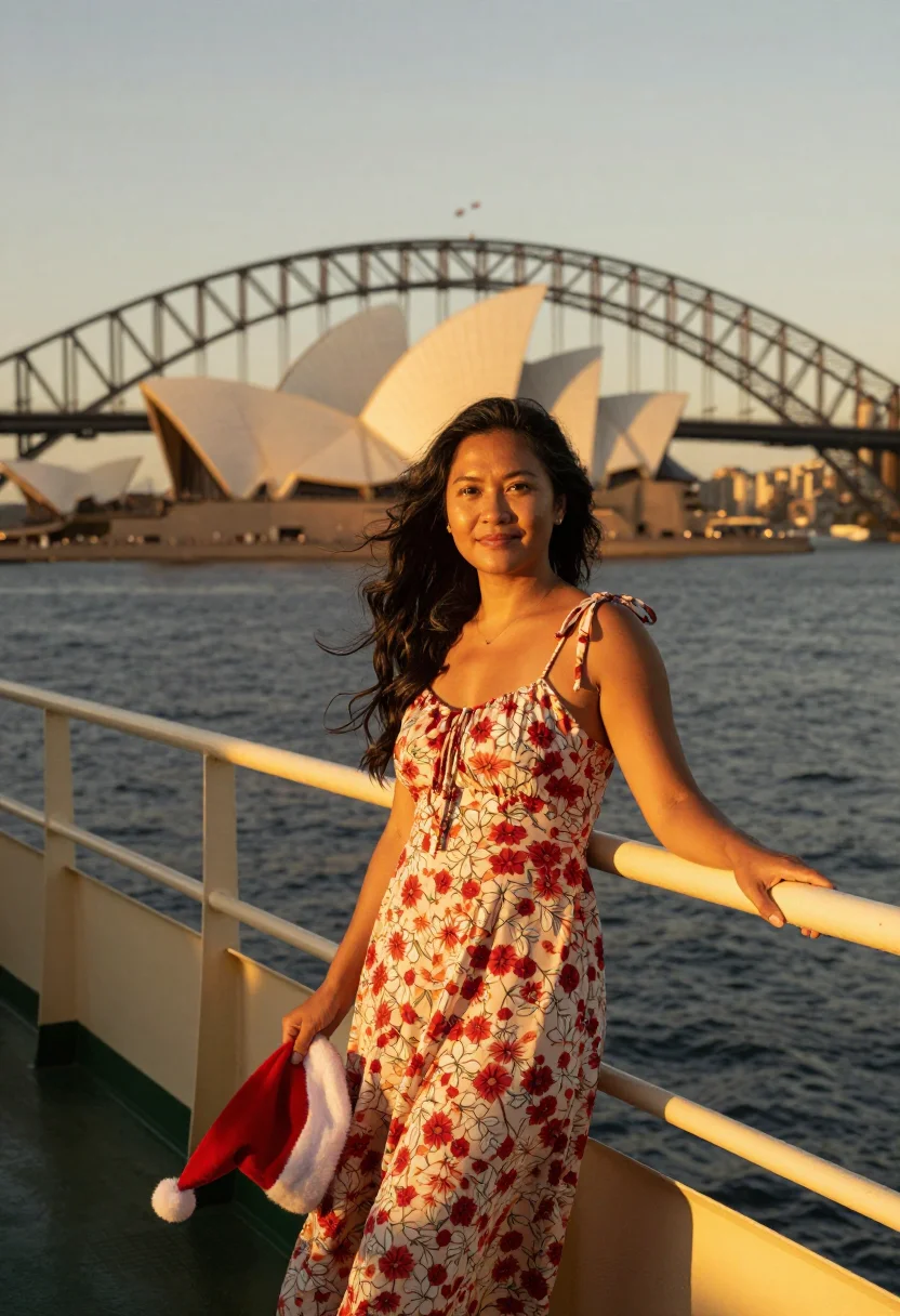 AI sydney beach christmas sample — portrait of a woman, three-quarter-length portrait of a woma