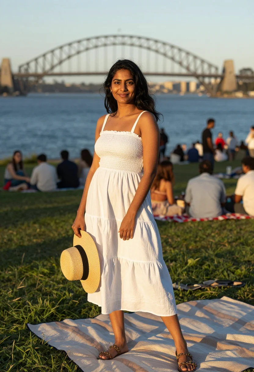 AI sydney nye sample — portrait of a woman, around thirty, South-Asian, with warm b