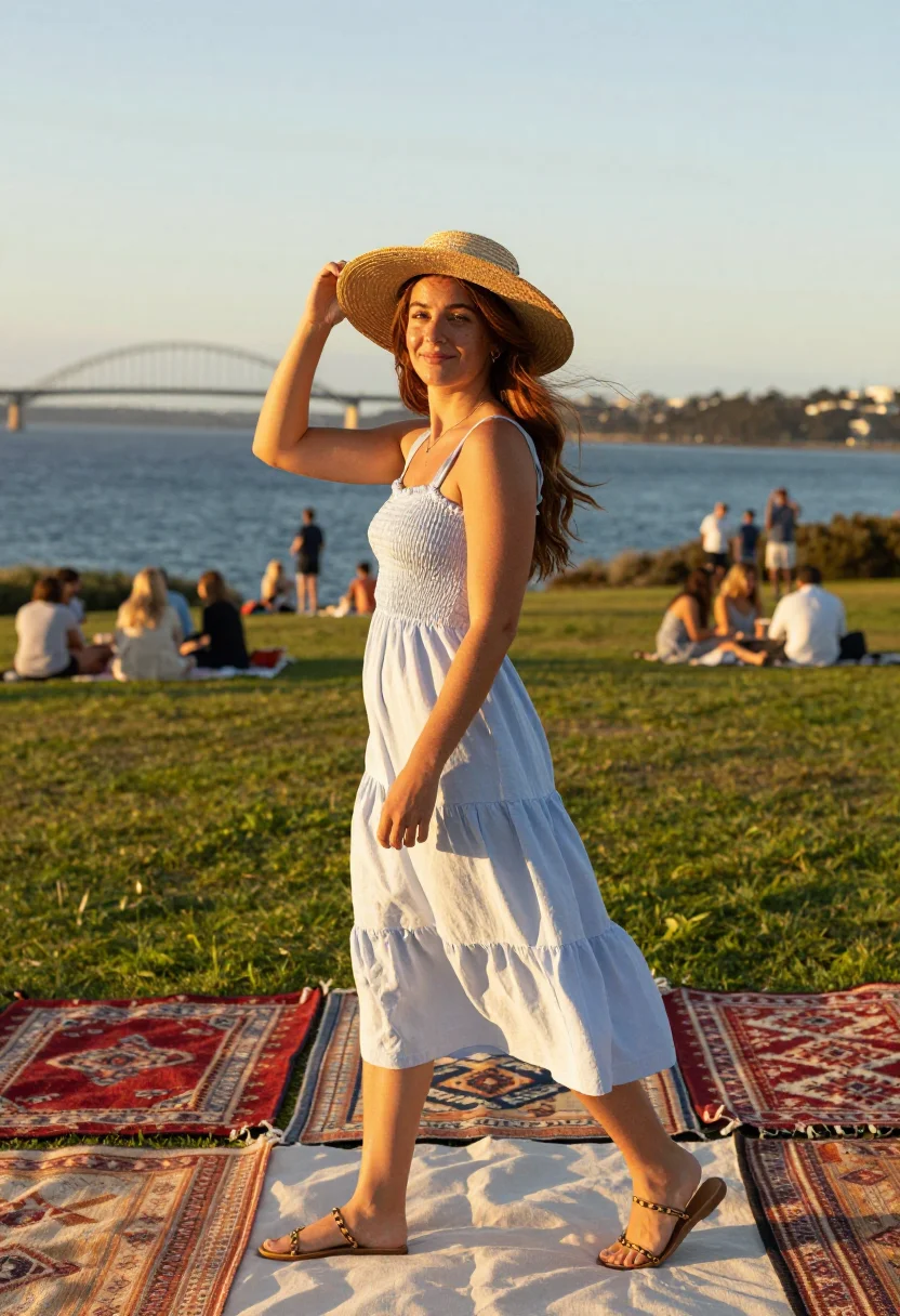 AI sydney nye sample — portrait of a woman, in her mid-twenties, with honey-toned s