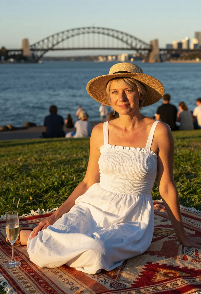AI sydney nye sample — portrait of a woman, in her forties, with fair skin, grey ey