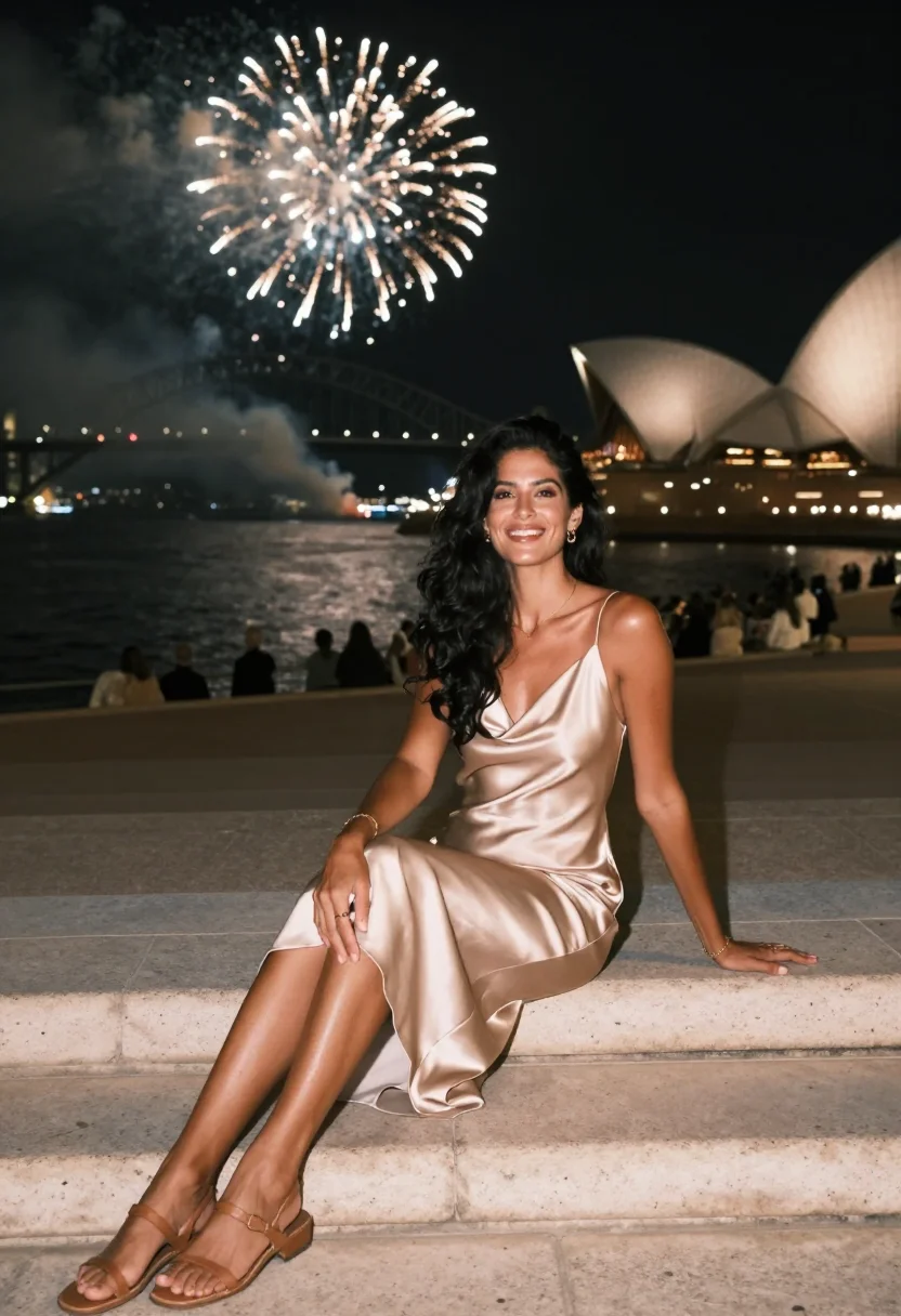 AI sydney nye sample — portrait of a woman, around thirty, with warm brown skin, da
