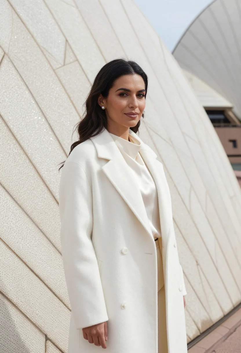 AI sydney opera house arts director white shell sample — portrait of a woman, an arts director in her late thirties w