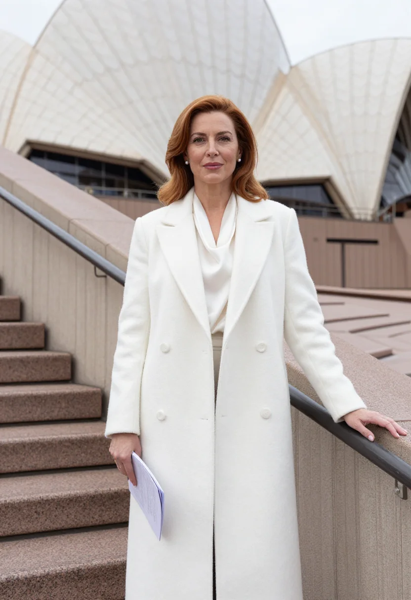 AI sydney opera house arts director white shell sample — portrait of a woman, an arts director in her late forties wi