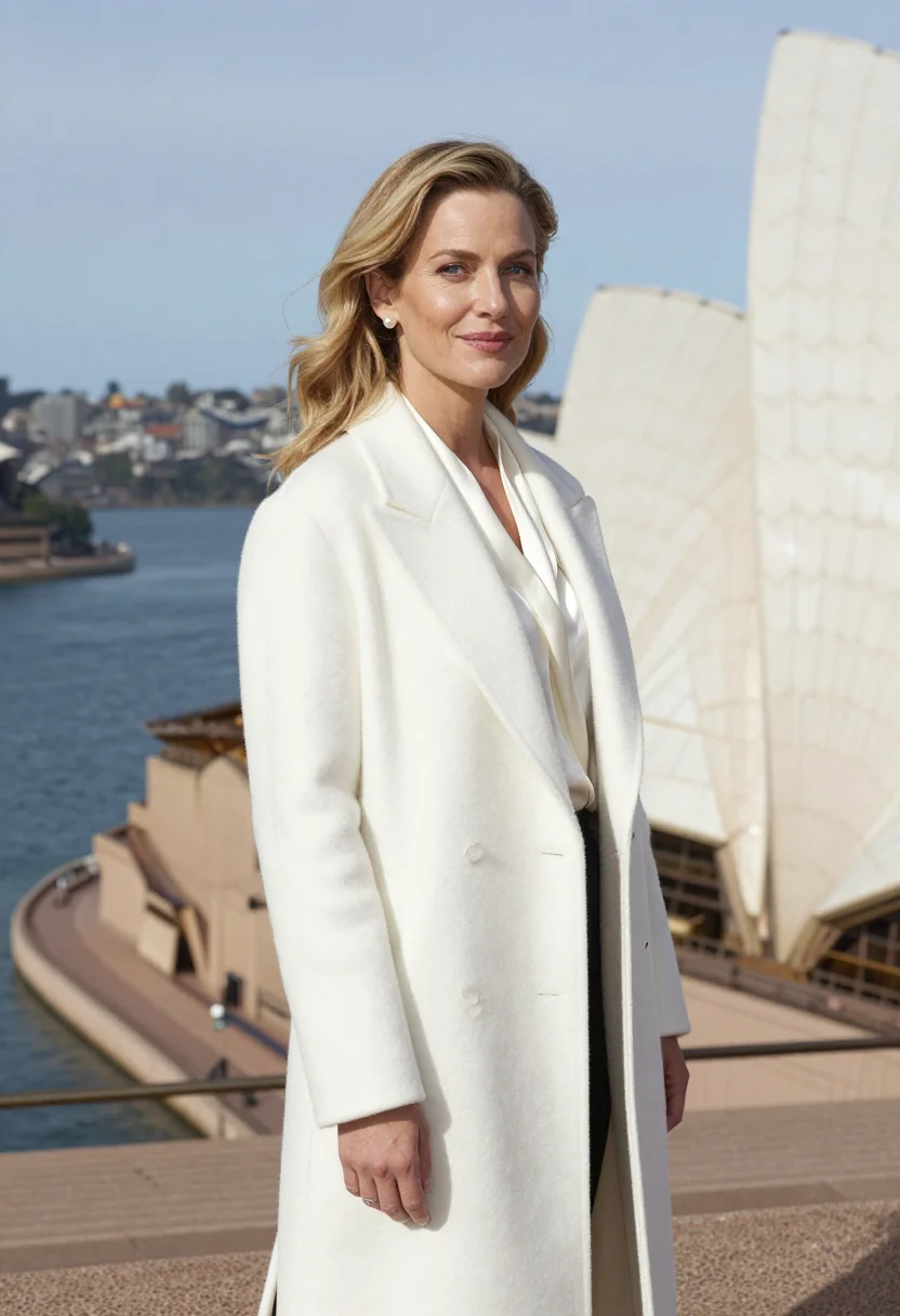 AI sydney opera house arts director white shell sample — portrait of a woman, an arts director in her late thirties w