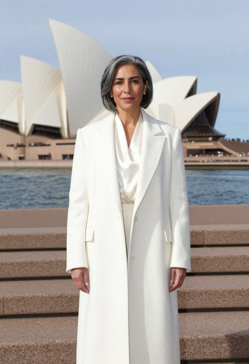 AI sydney opera house arts director white shell sample — portrait of a woman, an arts director in her mid-fifties wit