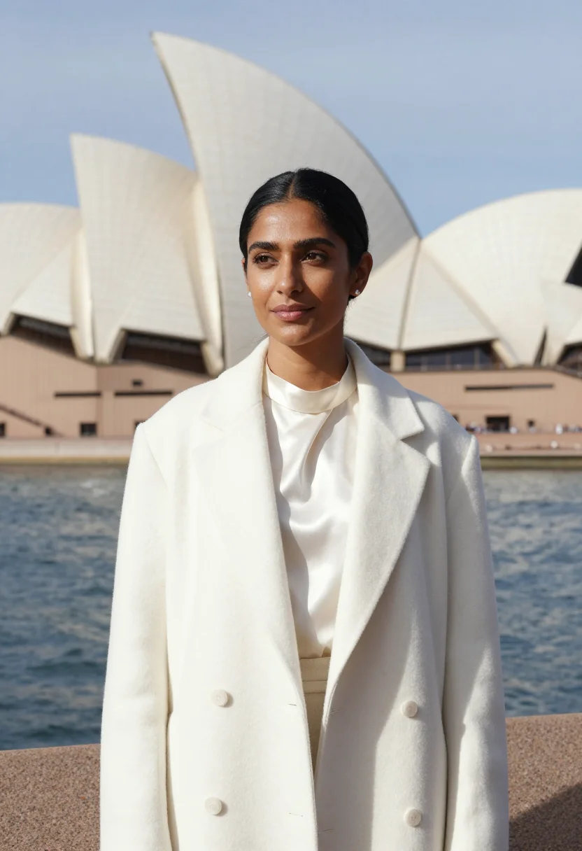 AI sydney opera house arts director white shell sample — portrait of a woman, an arts director in her early forties o