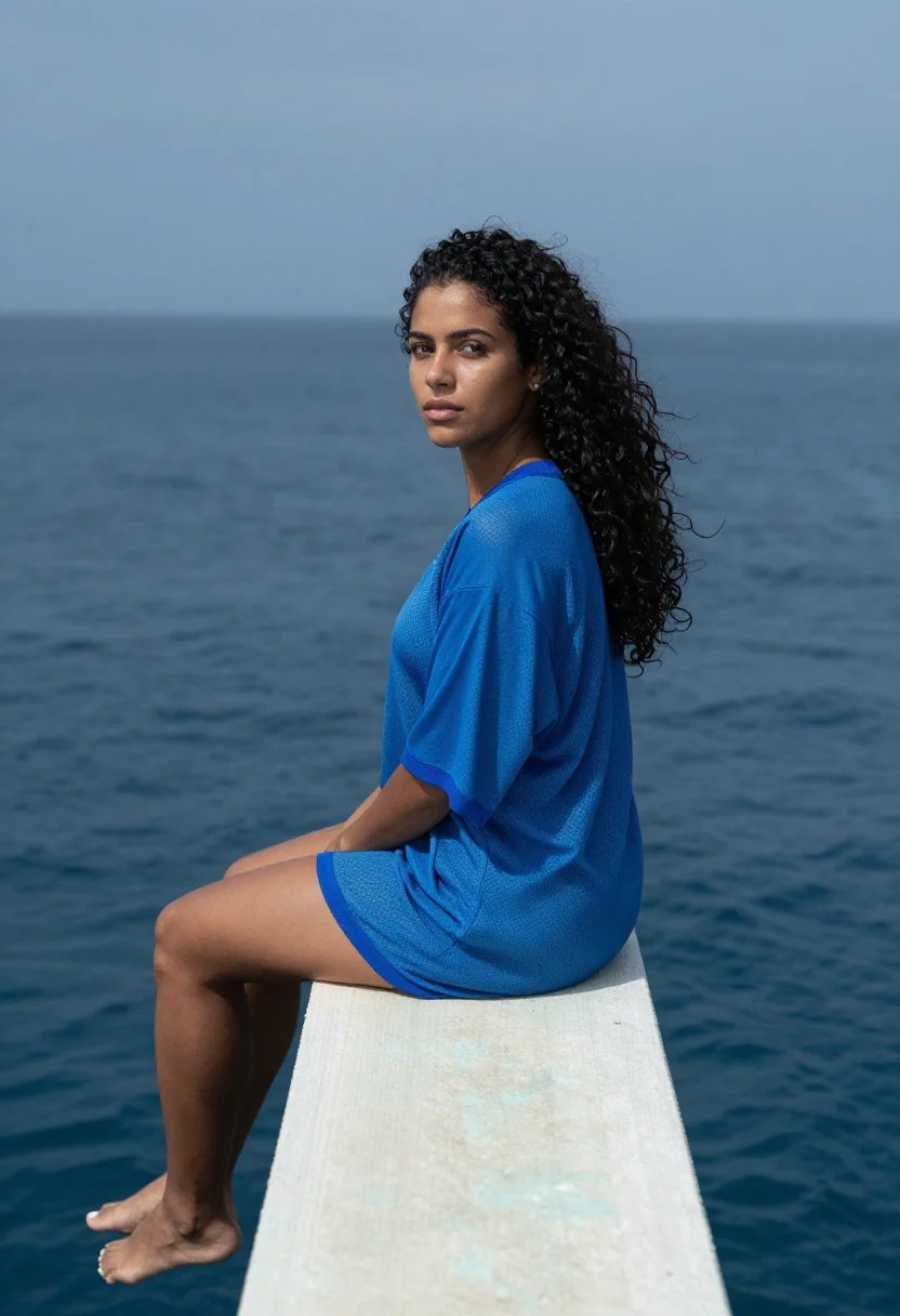 AI sza sos pier ocean blue sample — portrait of a woman, a Brazilian woman in her late twenties