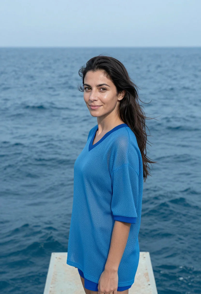 AI sza sos pier ocean blue sample — portrait of a woman, an Italian woman in her early thirties
