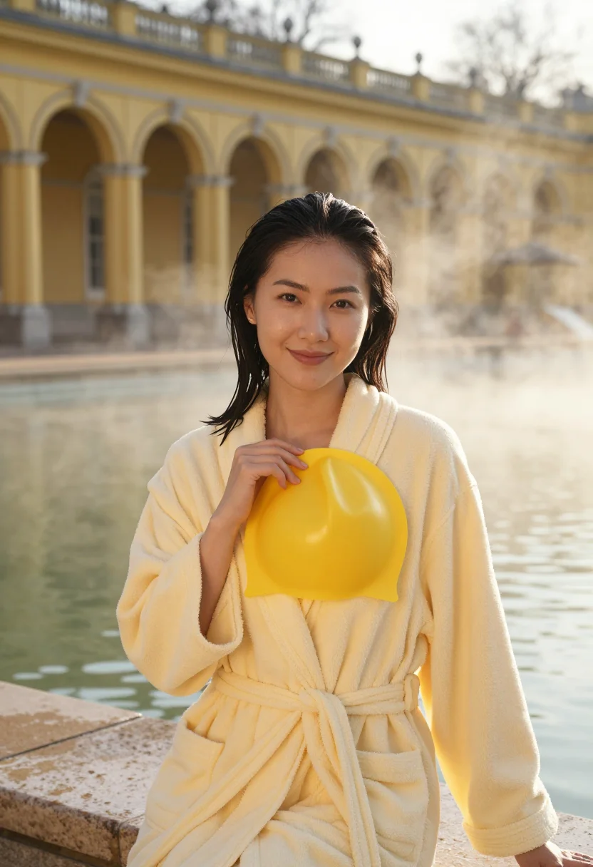 AI szechenyi bath steam yellow sample — portrait of a woman, framed tight, head and shoulders, the b