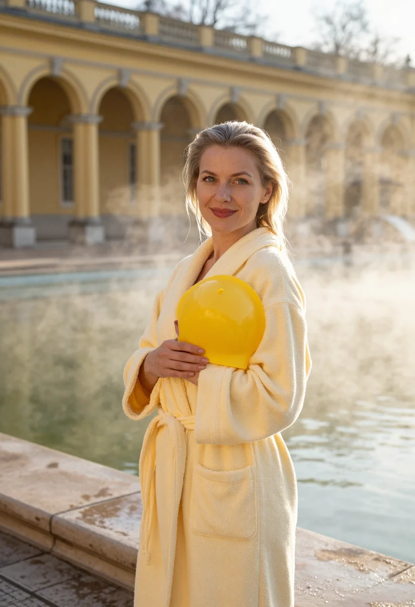 AI szechenyi bath steam yellow sample — portrait of a woman, framed chest-up with the crop at the ri