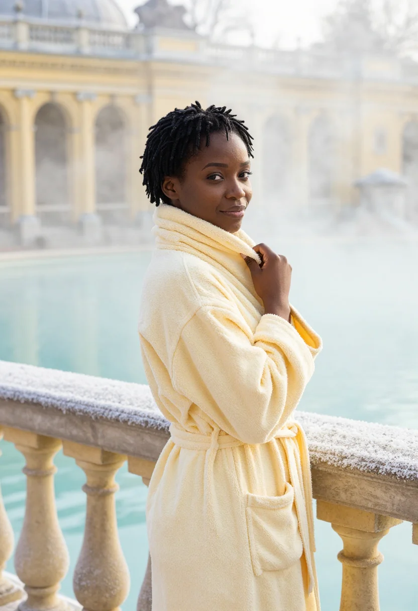 AI szechenyi bath steam yellow sample — portrait of a woman, framed chest-up with the crop at the ri