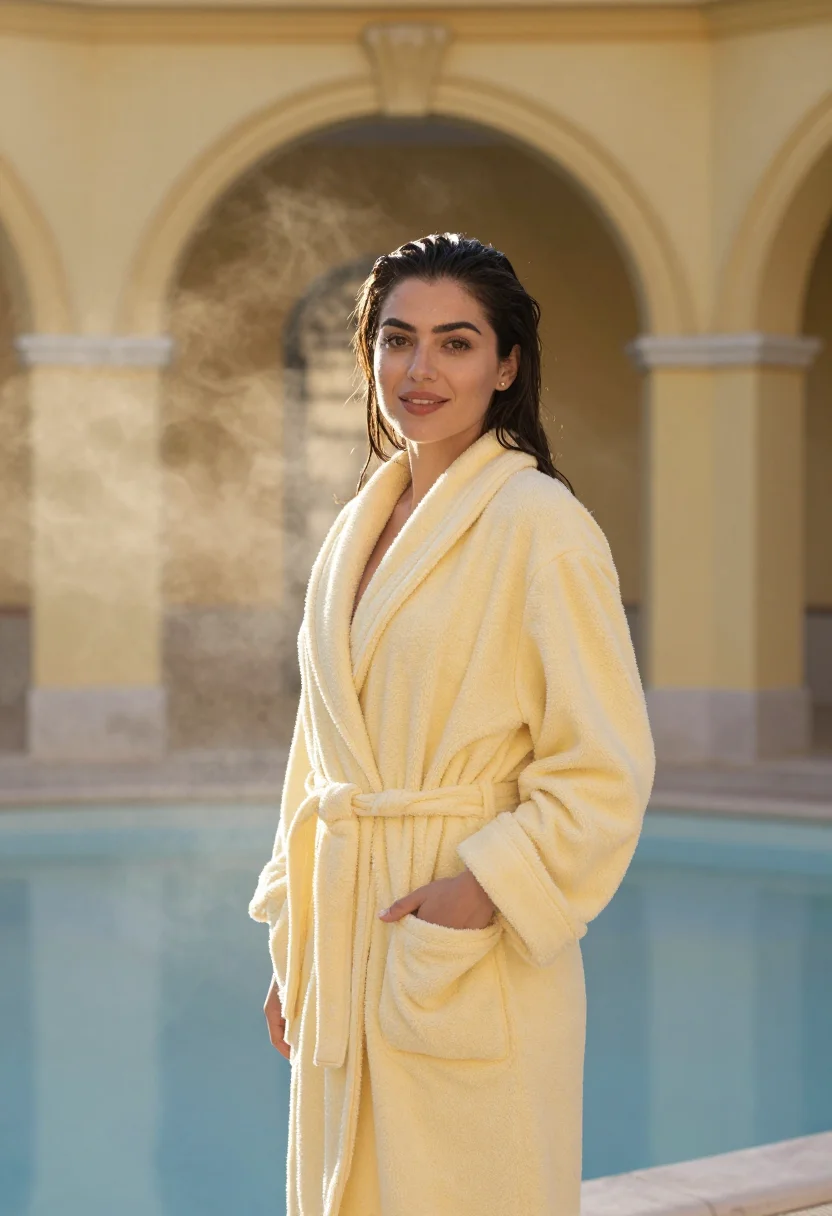 AI szechenyi bath steam yellow sample — portrait of a woman, framed half-length from the head to the