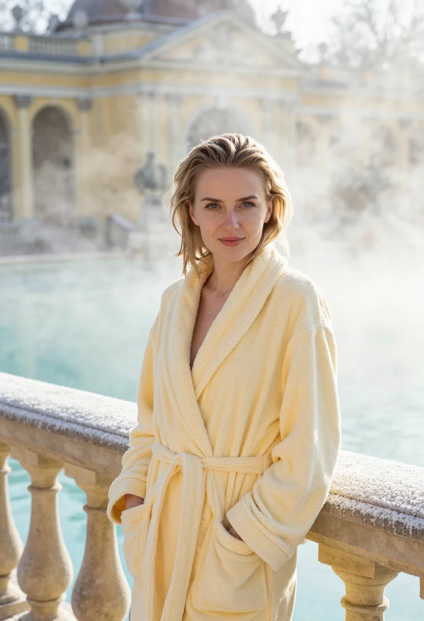 AI szechenyi bath steam yellow sample — portrait of a woman, framed tight, head and shoulders, the b
