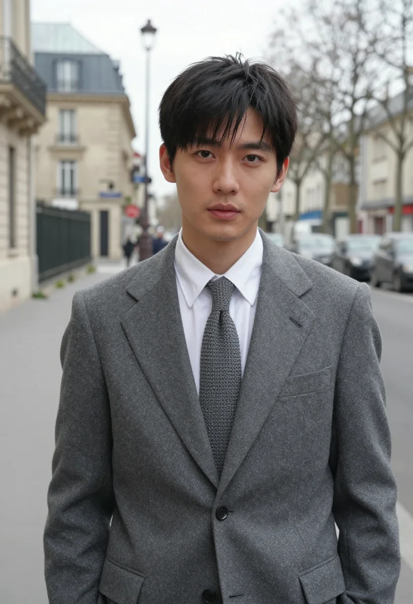 AI taehyung celine sample — editorial portrait photograph, a Chinese man in his mid-twen