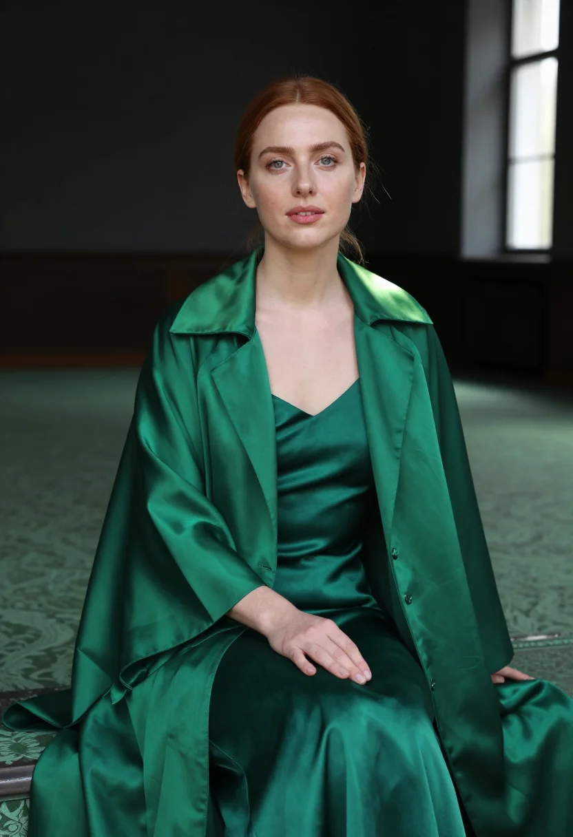 AI taffeta emerald sample — portrait of a woman, chest-up portrait of a woman in her ear
