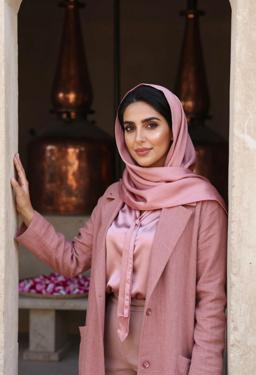 AI taif rose perfumer rose pink sample — portrait of a woman, framed chest-up, cropped at mid-chest,