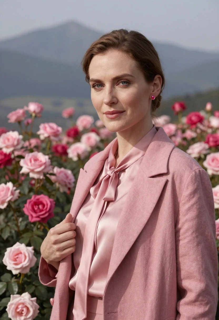 AI taif rose perfumer rose pink sample — portrait of a woman, framed chest-up, cropped at mid-chest,