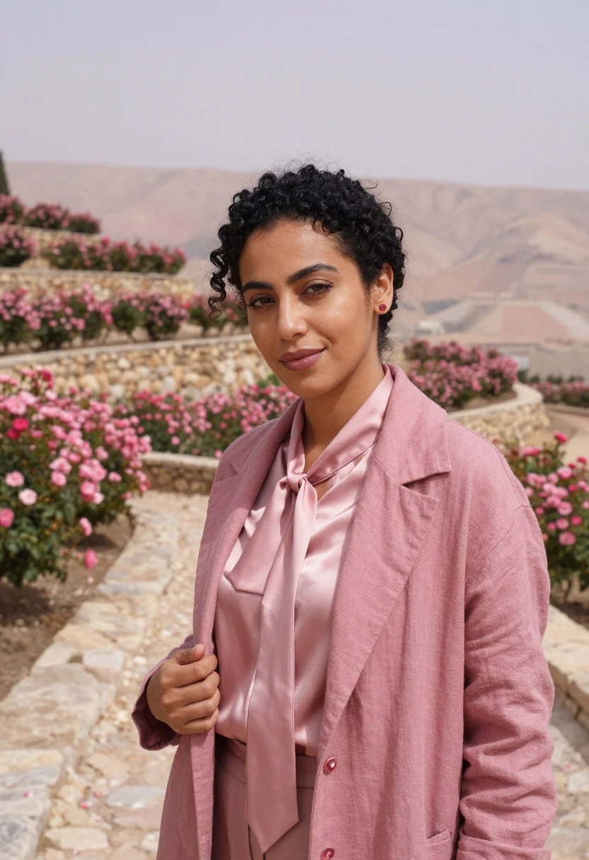 AI taif rose perfumer rose pink sample — portrait of a woman, framed chest-up, cropped at mid-chest,