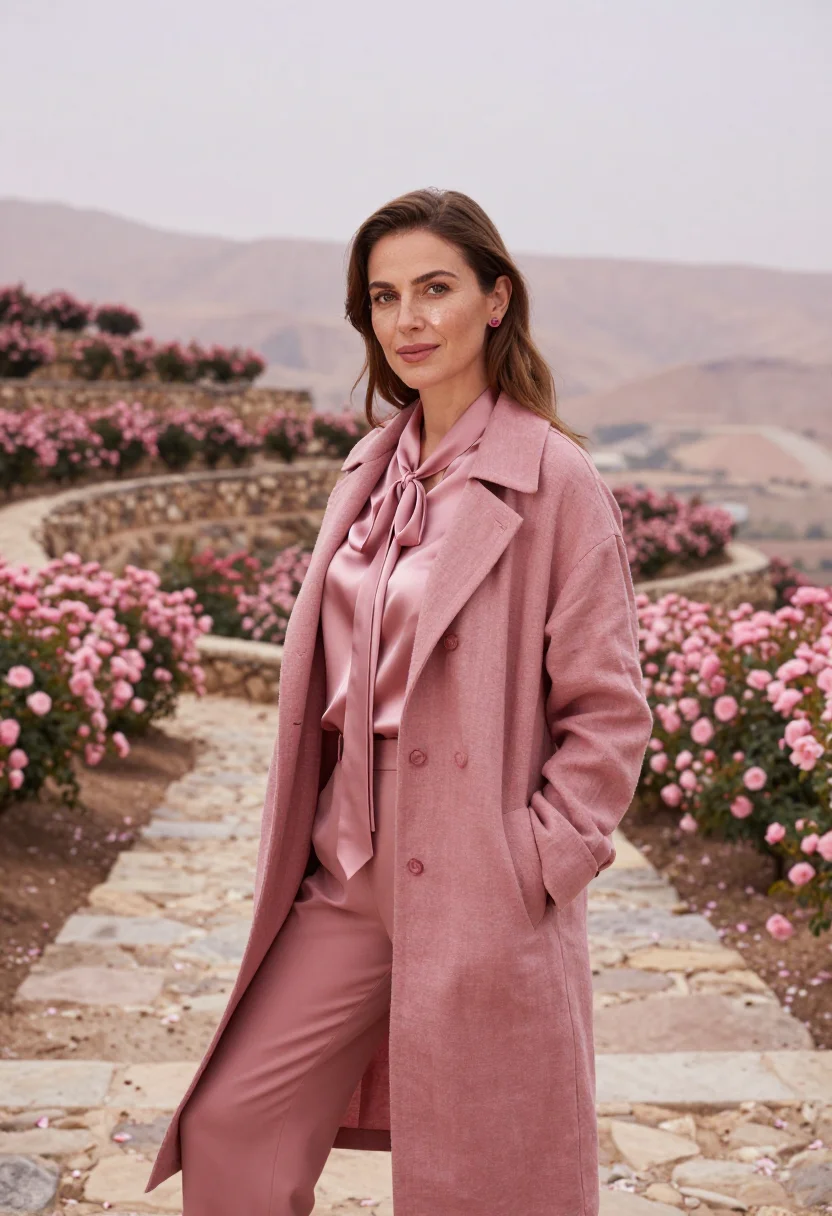 AI taif rose perfumer rose pink sample — portrait of a woman, framed at half-length, cropped at the h