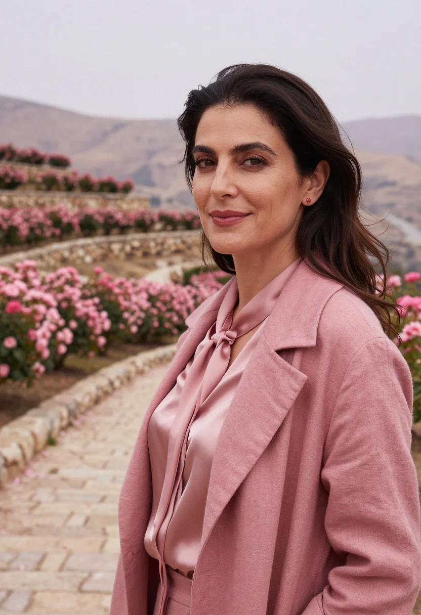 AI taif rose perfumer rose pink sample — portrait of a woman, framed tight, head and shoulders, the b