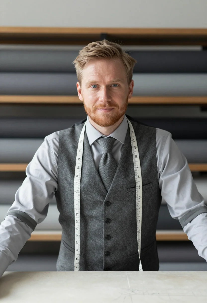 AI tailor flannel grey sample — portrait of a man, framed tight on the head, the body close