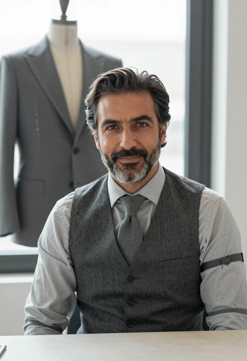 AI tailor flannel grey sample — portrait of a man, framed tight on the head, the body close