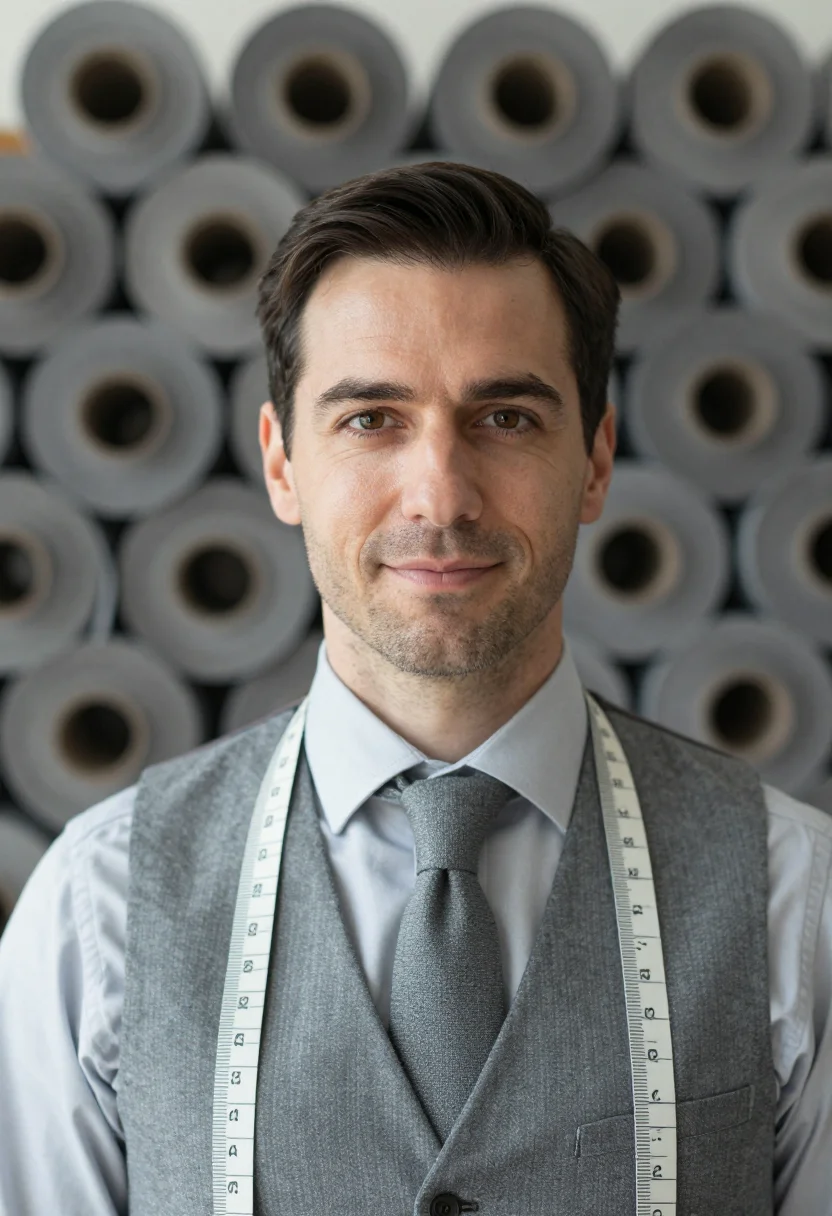 AI tailor flannel grey sample — portrait of a man, framed tight on the head, the body close