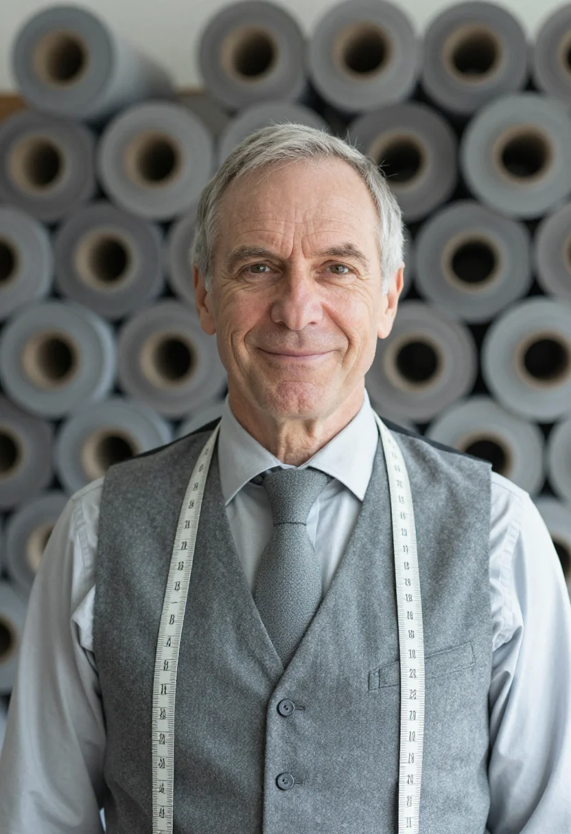 AI tailor flannel grey sample — portrait of a man, framed chest-up from the ribs with the bo