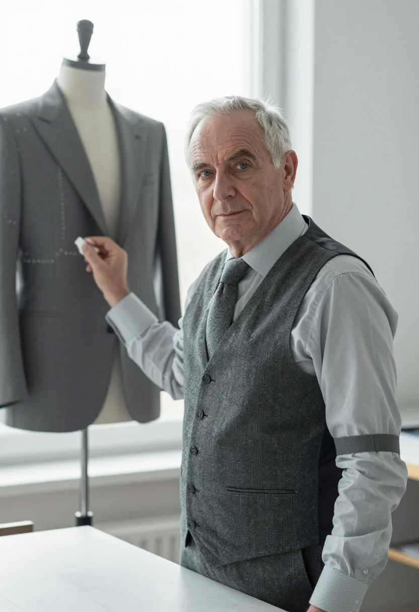 AI tailor flannel grey sample — portrait of a man, framed chest-up from the ribs with the bo