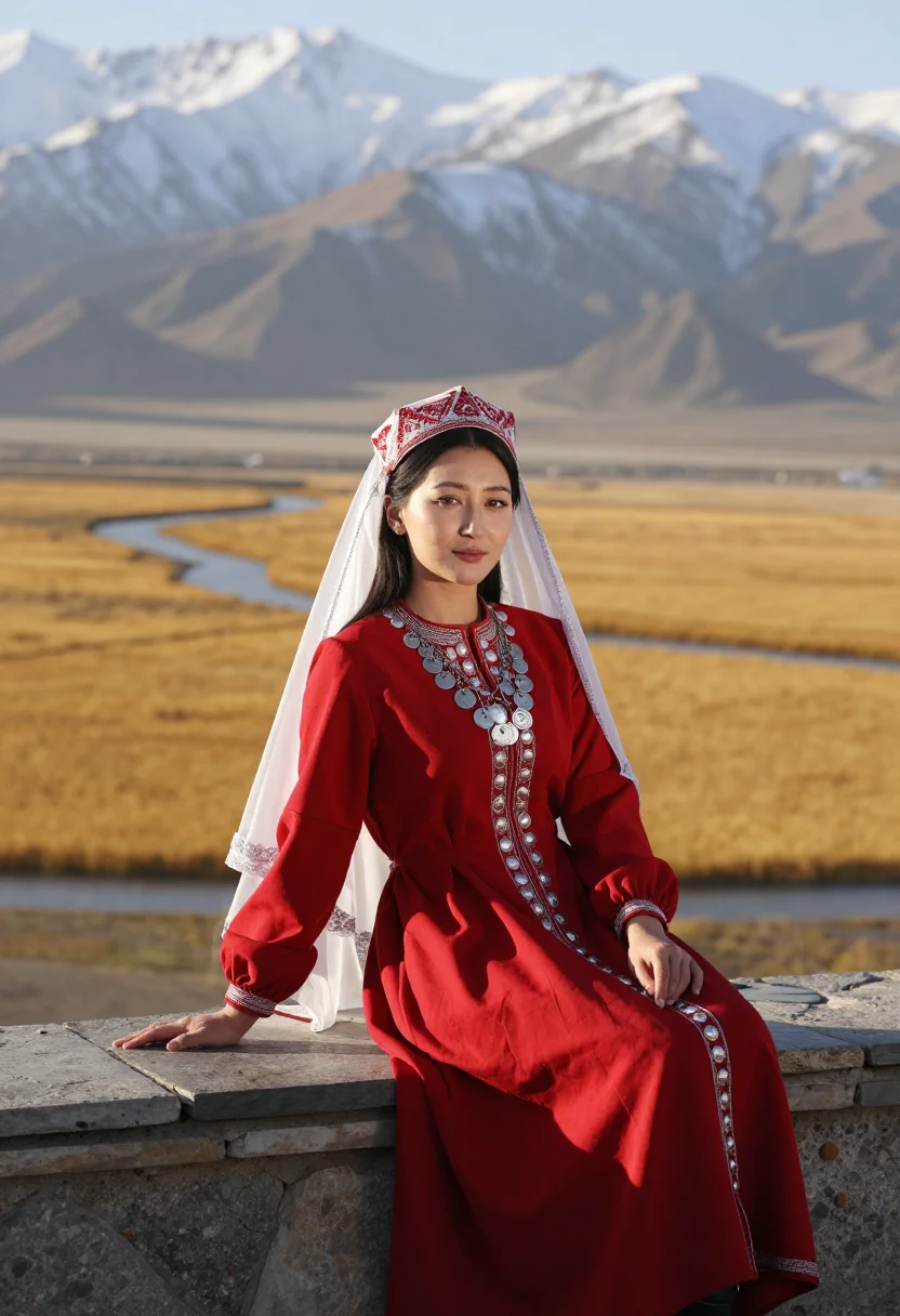 AI tajik pamir sample — portrait of a woman, seated three-quarter portrait of a Pami