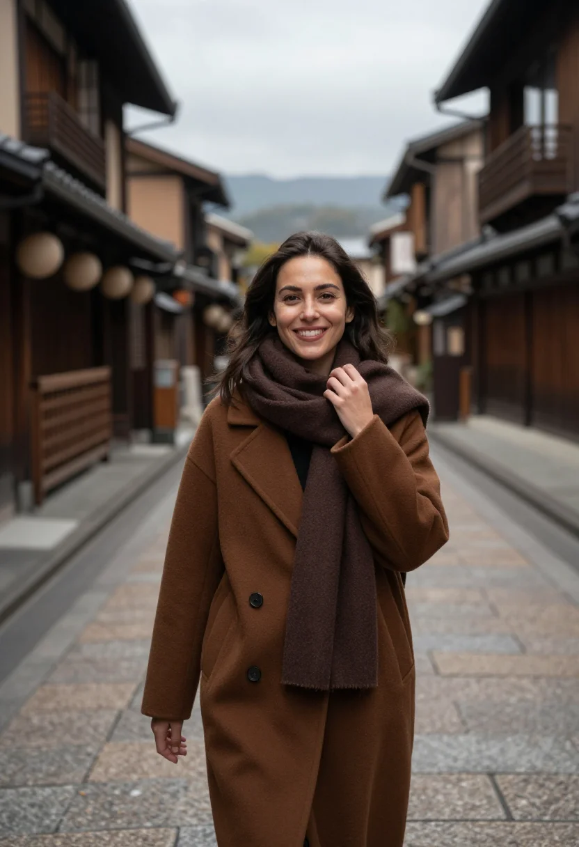 AI takayama november cedar brown sample — portrait of a woman, framed chest-up, the crop falling at mi