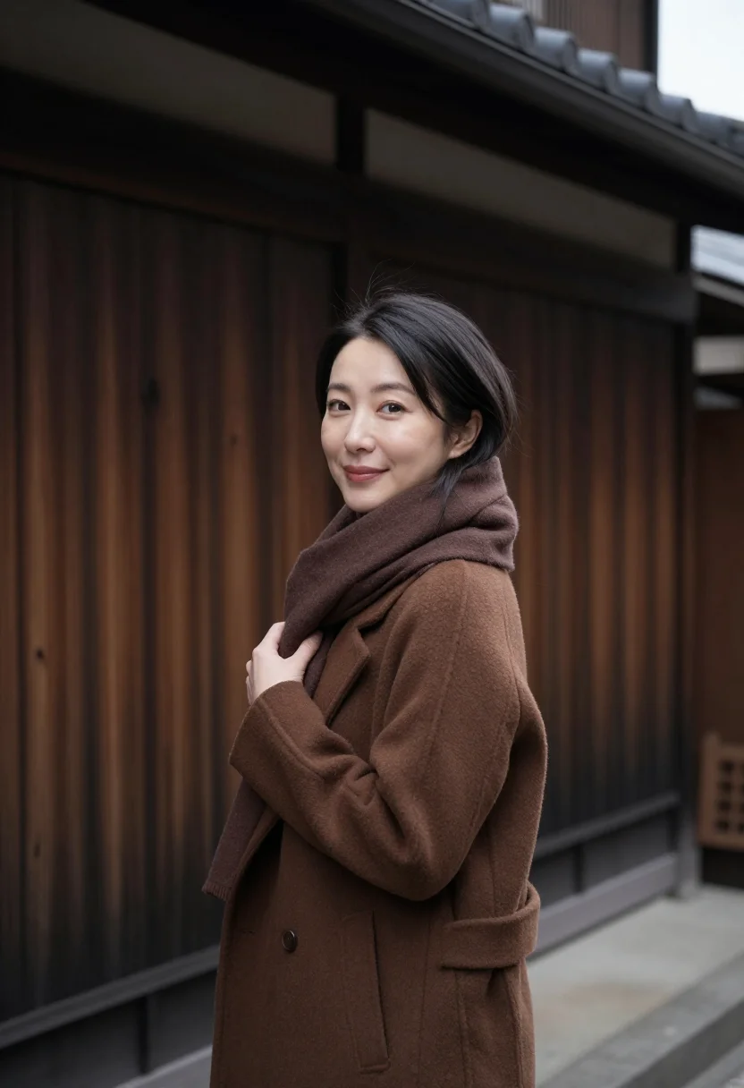 AI takayama november cedar brown sample — portrait of a woman, framed chest-up, the crop falling at mi