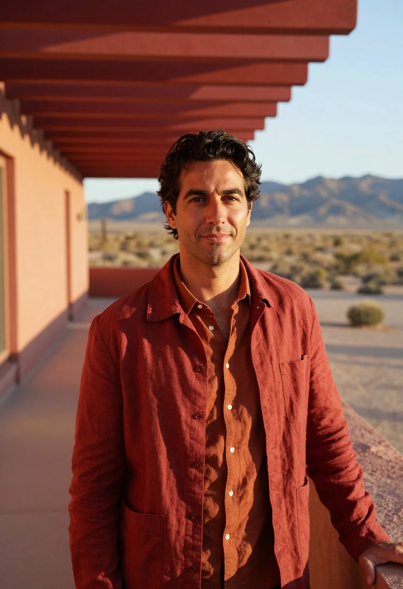 AI taliesin west architect cherokee red sample — portrait of a man, framed chest-up, cropped at the ribs, the