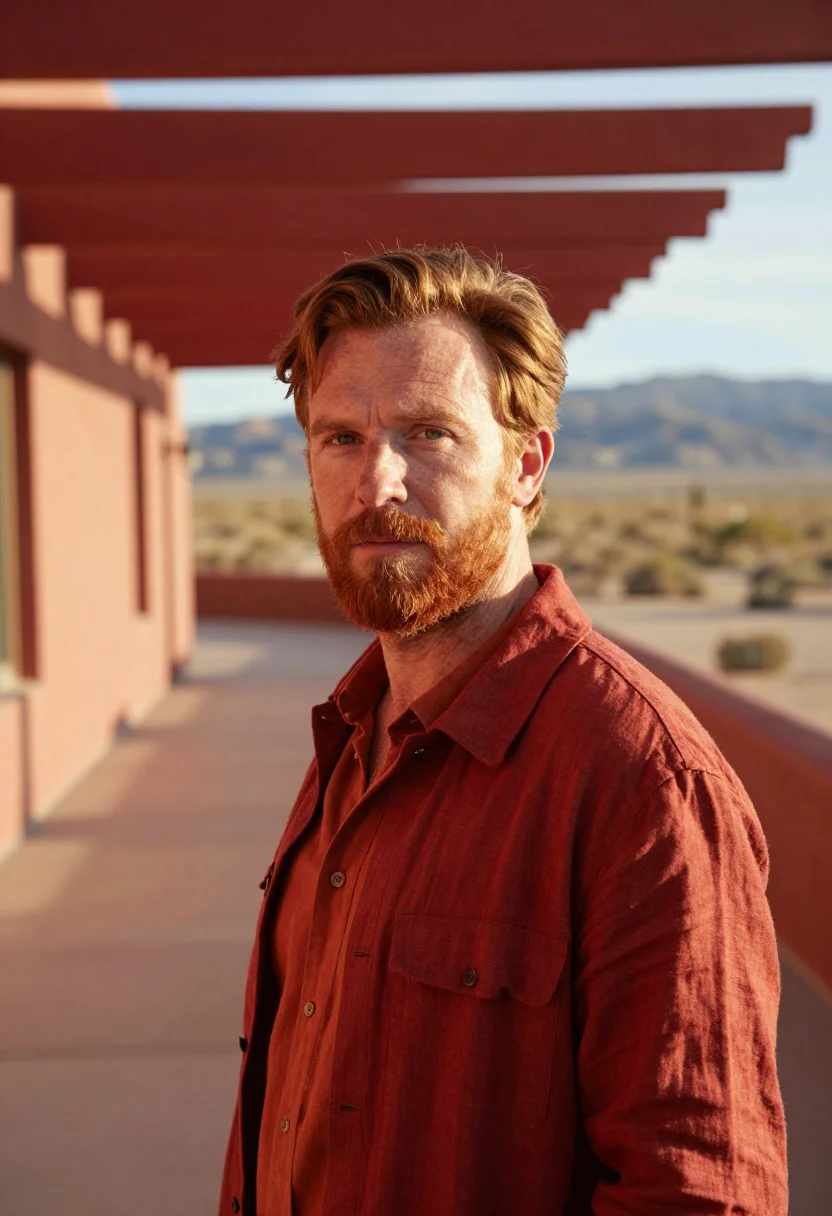 AI taliesin west architect cherokee red sample — portrait of a man, framed tight, head and shoulders, the bod
